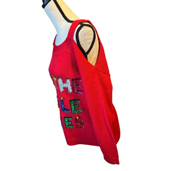 All The Jingle Ladies Ugly Christmas Sweater Bells Tinsel Open Shoulder Large - Picture 3 of 8